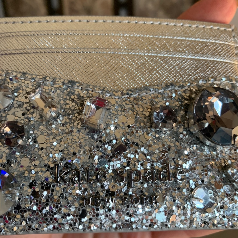 Authentic KATE SPADE Metallic leather/glitter fabric crystals card case - Picture 4 of 11